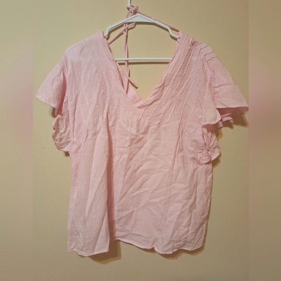 Mango pastel pink Pleamar ruffle sleeve v-neck textured tie back blouse - Picture 6 of 6